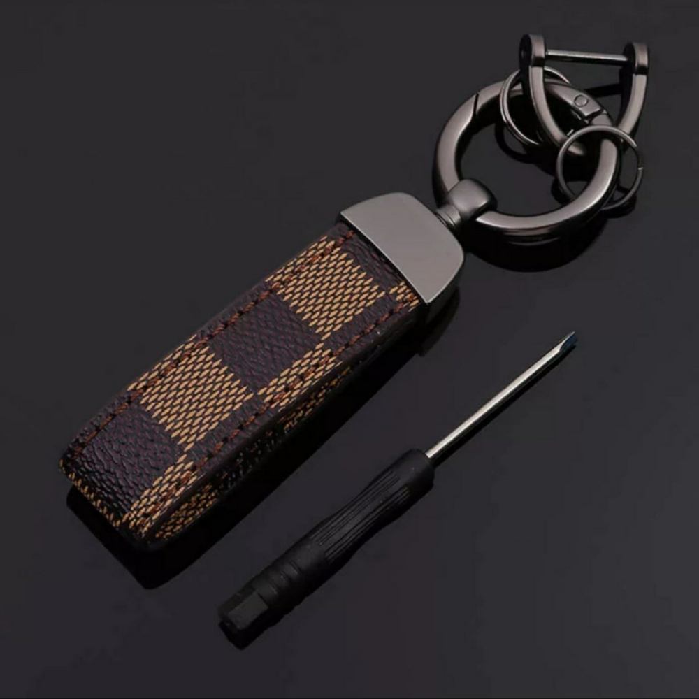 Brown  Checkered Gunmetal Lanyard Style Keychain